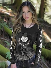 baratos T-shirt Boho-Mulheres Camiseta Imprimir Gráfico Vintage Boêmia Vintage Moda Manga Longa Gola Redonda Tops regulares Diário Final de semana Preto Primavera Outono Inverno