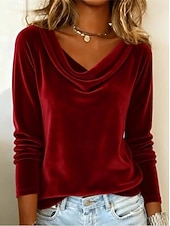 preiswerte Einfarbiges T-Shirt-Damen Samt Geschichtet Elegant Stilvoll Basic Langarm Wasserfallausschnitt Normale Oberteile Blau Schwarz Gelb Wein Grün Frühling Herbst Winter