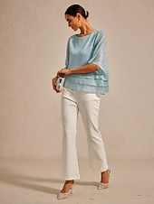  Damen Bluse Elegante Oberteile Chiffon Tops Spitzentops Plissiert Glitzer Elegant Rundhalsausschnitt Normale Oberteile Hochzeitsgast Ausgehen Leicht Blau Frühling Herbst