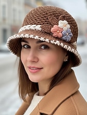 tanie Kapelusze damskie-Damska czapka beanie z dzianiny – miękki wełniany materiał, wiele kolorów, zdobienie w postaci kwiatów 3D, podszewka z polaru zapewniająca ciepło, idealna na święta Bożego Narodzenia i zimowe aktywności na świeżym powietrzu
