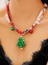 tanie Naszyjnik damski-Naszyjnik świąteczny dla kobiet, wykonany ze stopu metali, tkaniny i akrylu, z motywem renifera, Świętego Mikołaja i choinki, idealny na przyjęcia świąteczne