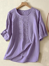 tanie Boho topy-Damskie Koszula Haft Jednokolorowe Kwiaty Codzienny Boho Rękaw 3/4 Rękaw 3/4 Półgolf Zwykłe topy Codzienny Wyjściowe Niebieski Jasnozielony Fioletowy Lato