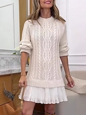 preiswerte Pulloverkleider-Damen Pullover Pullover Kleid Elegant Lässig Weich Einfarbig Gerippt Rundhalsausschnitt Patchwork Gestrickt Langarm Lange Oberteile Stricken Outdoor Täglich Wochenende Schwarz Rosa Herbst Winter