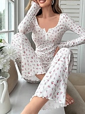  Women's Pajama Set Casual Comfort Floral Elastic Waist Pant Home Daily Long Sleeve U Neck White Yellow Pink Purple Spring Fall Regular Fit