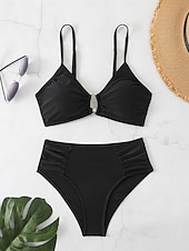 economico Bikini-Costume da bagno due pezzi bikini da donna con arricciature perizoma con ferretto slanciato controllo della pancia vita alta senza schienale abbigliamento da spiaggia per le vacanze colore solido