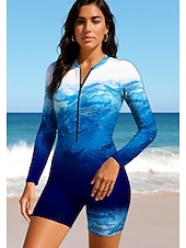 tanie Rash guardy One Piece-Damskie Skafander z lycry Strój kąpielowy Kostium kąpielowy Ocean Abstrakcja Zapiąć na zamek błyskawiczny Wyjmowane wkładki Suwak przedni Ochrona przeciwsłoneczna UV UPF50+ Ultra lekki (UL) Długi