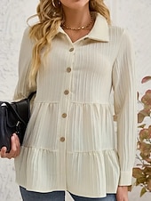 preiswerte Einfache Blusen-Damen Bluse Gerafft Knöpfe Einfarbig Stilvoll Lässig Langarm Hemdkragen Normale Oberteile Täglich Salbeigrün Schwarz Rote Marineblau Aprikose Frühling Herbst Winter