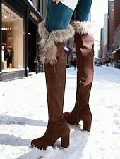 baratos Botas de neve e inverno-Botas femininas marrons de camurça acima do joelho com acabamento em pele sintética – botinhas estilosas de salto alto com zíper para o inverno, neve e ocasiões casuais ou ao ar livre.