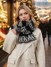 preiswerte Schals für Damen-Weihnachtsstrickschal mit Schneeflockenmuster für Damen – aus Acryl, festliches rot-weißes Muster, perfekt für Winterfeiertage und Weihnachtsfeiern