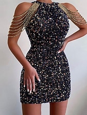 billiga Paljettklänningar-Dam Mini klänning Klänning med paljetter Festklänning Cocktail klänning Sheath Dress Mode Modern Kvällsfest Fest Speciellt Tillfälle Normal Slät Ärmlös Halterneck Svart Vit Rodnande Rosa Vår Höst