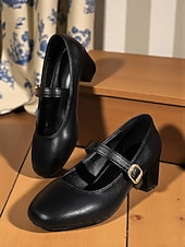 abordables Retro de los años 50-Women's Almond Mary Jane Heels with Chunky Block Heel and Ankle Strap, 1950s Classic and Elegant Style, Perfect for Work, Tea Parties and Daily  Outings