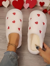 cheap Valentine's Day-Women's White Plush Fleece Slippers with Red Heart Embroidery – Warm Fluffy Thick Sole House Shoes for Bedroom, Valentine's Day &amp; Gifts