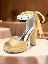 baratos Sandálias de Plataforma-Sandálias femininas de salto alto plataforma em cetim roxo com tira de pérolas no tornozelo - sapatos de festa glamorosos de bico aberto para eventos noturnos, casamentos e coquetéis.