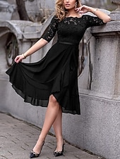 tanie Prosta sukienka-Damskie Sukienka midi Sukienka A line Sukienka z falbanami Elegancja Impreza koktajl Na zewnątrz Impreza Gość weselny Koronka Niejednolita całość Szczupła Jednokolorowe Rękaw 3/4 Z odsłoniętymi