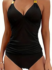 رخيصةأون مايوهات تانكيني-تانكيني نسائي مكون من قطعتين ملابس السباحة بكسرات ضيقة تحكم في البطن عالية الخصر ضيقة بدون ظهر ملابس شاطئ لعطلة بلون سادة رقبة هالتر بدون أكمام