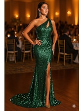 preiswerte Meerjungfrau Abendkleider-Meerjungfrauenschnitt Bodenlang Abendkleid Elegant Glitzern Ärmellos Ein-Schulter Formell Hochzeit Paillettenbesetzt Tiefer Wasserfall-Rückenausschnitt mit Glitzer