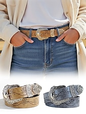 Χαμηλού Κόστους Γυναικεία ζώνη-Γυναικεία ζώνη από τεχνητό δέρμα σε μποέμ στιλ – περίπλοκο φλοράλ σχέδιο με μεταλλική αγκράφα, ιδανική για casual και καθημερινή χρήση.