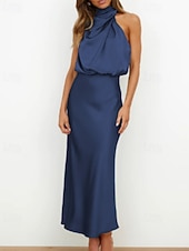 baratos Vestido Simples-Mulheres Vestido midi Vestido Longo Vestido Maxi vestido de cetim Vestido de formatura Vestido de festa Elegante Moda Moderno Festa de Noite Festa Ocasião Especial Normal Delgado Tecido Sem Manga