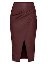 abordables Faldas Formales-Mujer Elegante Moda Midi Alta cintura Faldas Plano Frunce Puntas abiertas Rígido Diario Calle Rojo tinto Negro Marrón Beige Primavera