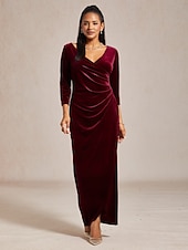  Per donna Abito maxi Abito a Portafoglio Elegante Festa serale Ospite di nozze Asimmetrico Taglia piccola Tinta unica Manica 3/4 Scollo a V Vino