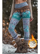 billige Viking trykk-Kvinnenes Viking Boho Fleece Foret Leggings Leggings Ferie Vintage Etnisk Stil Full Lengde Høy Midje Blomster Grafisk Geometrisk Mønster 3D Trykk Termisk Varm Vindbestandig Komfortabel Stretchy