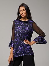 cheap Shirts,Tops &amp; Blouses-Women's Blouse Black Floral Print Stretch Chiffon Sleeves Bateau Neckline Casual Comfortable Spring Summer Fall Vacation