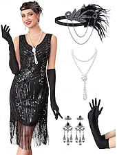 baratos Vestidos dos anos 1920-Conjunto Loucos anos 20 Anos 20 Até os Joelhos Vestidos Vestido melindroso Roupa com acessórios Sem Mangas O Grande Gatsby charleston Paetês Franjas Pena Decote V Fantasia Mulheres Carnaval Ano Novo