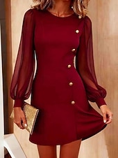 halpa Valkoinen mekko-Naisten Polvipituinen mekko Musta mekko Tyylikäs Vapaa-aika Pyhäpäivä Tyköistuva Yhtenäinen väri Pitkähihainen Tiukka pyöreä kaula-aukko Musta Rubiini Kevät Syksy