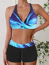 cheap Tankinis-Women's Swimwear 2 Piece Shorts Swimsuit Backless Vacation Beach Wear Geometic V Neck Sleeveless Bathing Suits