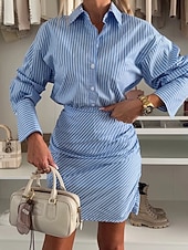 preiswerte Streifen- und geometrisches Kleid-Damen Minikleid Hemdblusenkleid Etui-Kleid Modern Outdoor Ausgehen Wochenende Normale Passform Einfach Langarm Hemdkragen Leicht Blau Frühling Herbst