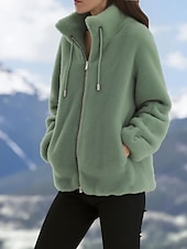 billiga Sherpa-jackor-Dam Vinterkappa Teddyrock Håller värmen Bekväm Snörning Dragkedja Elegant Plysh Ledigt Ensfärgat Hem Ledigt Kort Hög krage Normal Långärmad Ytterkläder Rubinrött Purpur Grön Vår Höst