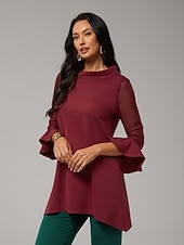 economico camicie, top e camicette-camicetta da donna in chiffon elasticizzato rosso natalizio, patchwork, manica 3/4, scollo a barca, primavera autunno