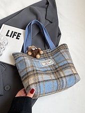 Недорогие Сумки с ручками сверху и шопперы-Женские рождественские клетчатые сумки-шопперы – большие и маленькие размеры, полиэстеровая ткань с помпонами, праздничный стиль для предпраздничного шопинга и подарков