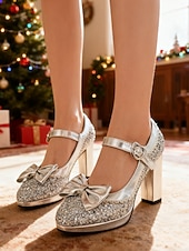 cheap 1920s &amp; Gatsby Era-Women's Red Glitter Mary Jane Heels with Heart Buckle and Bow Detail - Festive Christmas Style, Perfect for Holiday Parties, New Year Celebrations and Formal Occasions