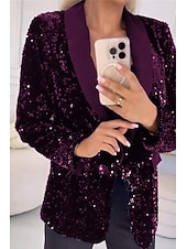 preiswerte Blazer &amp; Anzüge-Damen Blazer Freizeitjacke Bequem Pailletten Mode Lässig Einfarbig Party Straße Alltagskleidung Ausgehen Regulär Gekerbtes Revers Normale Passform Langarm Oberbekleidung Blau Schwarz Rote Herbst
