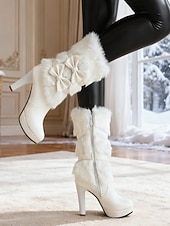levne Sníh a zimní boty-Dámské bílé sněhule na vysokém podpatku z umělé kožešiny s mašlí - elegantní zimní obuv se zapínáním na zip, elegantní pro formální i sváteční příležitosti