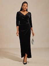 economico Abiti da festa-Per donna Abito Midi Abito a Portafoglio Elegante Festa serale Ospite di nozze Asimmetrico Taglia piccola Tinta unica Manica 3/4 Scollo a V Nero