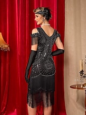 abordables Vestidos de los años 20-Conjunto Rugido 20s 1920s Hasta la Rodilla Vestidos Vestido Flapper Accesorios con accesorios Hombro frío Mangas cortas El gran Gatsby charlestón Lentejuelas Borlas Pluma Escote en Pico Disfraz Mujer