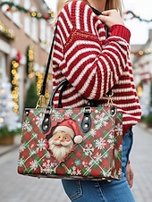 billiga Grafiska tryckväskor-Julväska för kvinnor - konstläder, designad med jultomte och snögubbe, presentväska för kvinnor, handväska för julen, perfekt för fester och vinterutflykter