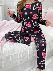 preiswerte Damen Schlafoberteile und -unterteile-Damen Schlafanzug Freizeitkleidung Schlafanzug Set Lässig Herz Satin-Seidenpyjamas Elastischer Bund Hose Täglich Heim Urlaub Langarm Rundhalsausschnitt Fuchsie Herbst Winter Lässiger Schnitt