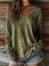 billige Boho t-skjorte-Dame Boho T-skjorte Grafikk Planter Tribal Vintage Stilfull Klassisk Langermet V-hals Vanlige Topper Daglig Trykk Blå Lys Grønn Vin Marineblå Fuchsia Vår Høst Vinter