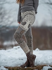  Damen Vikinger Leggings Gemütliche Leggings Urlaub Vintage Ethno-Stil Knöchellang Hohe Taille Grafik Baum Drucken Bequem Dehnbar Lässig Täglich Urlaub Grau Frühling Herbst Schmale Passform