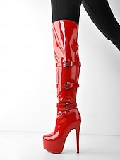 abordables Bottes de plate-forme-Bottes cuissardes rouges vernies pour femme - bottes de soirée à talons aiguilles ultra hauts avec brides à boucle. &amp;vêtements de club