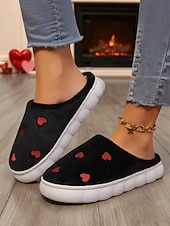 cheap Valentine's Day-Women's White Plush Fleece Slippers with Red Heart Embroidery – Warm Fluffy Thick Sole House Shoes for Bedroom, Valentine's Day &amp; Gifts