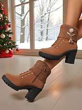 baratos Botas de neve e inverno-Botas femininas marrons de cano curto com salto alto – botas de inverno de couro sintético com cadarço, punhos de tricô e detalhes em pérola, perfeitas para o Natal e looks do dia a dia.