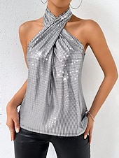 abordables Réservoir Simple-Femmes Débardeur caraco Paillettes Couleur Unie Élégant Occasionnel Sans manches Col Halter Hauts Réguliers Quotidien Fête Argent Été Printemps