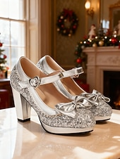 cheap 1920s &amp; Gatsby Era-Women's Red Glitter Mary Jane Heels with Heart Buckle and Bow Detail - Festive Christmas Style, Perfect for Holiday Parties, New Year Celebrations and Formal Occasions