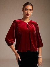 levne Jednoduché blůzy-Vánoce Dámské Samet Tlačítko nahoru Oblečené topy Elegantní Večírek 3/4 délka rukávu Nahoře nabírané Tričkový Běžné topy Párty večerní šaty Dovolená Párty oblečení Fialová Jaro Podzim Zima