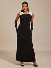 preiswerte abendkleider-Damen Maxikleid Etui-Kleid Wickelkleid Elegant Abendgesellschaft Hochzeit Hochzeitsgast Gerafft Spitze Asymmetrisch Normale Passform Einfarbig Ärmellos Dreiviertelarm V Ausschnitt Schwarz