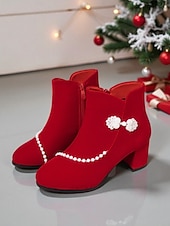 preiswerte Stiefeletten-Rote Damen-Ankle-Boots mit Imitationsperlenbesatz – eleganter Festtagsstil, weiches Futter, praktischer seitlicher Reißverschluss, perfekt für Weihnachtsfeiern, Winteroutfits, Familienfeste und als Geschenk.